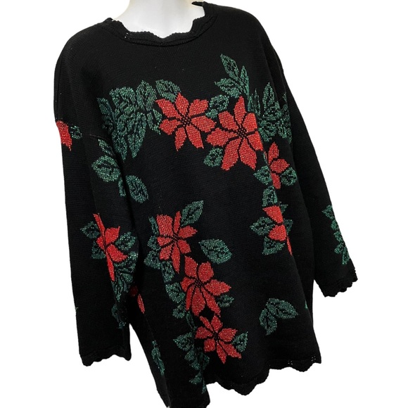 Vintage Holiday Time Metallic Poinsettia Black Christmas Sweater - Picture 2 of 12